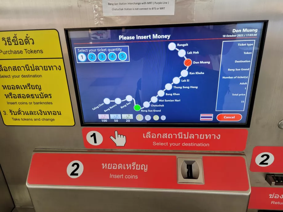 Details zur Ticketauswahl (Bang Sue ist die Endstation der Flughafenlinie)