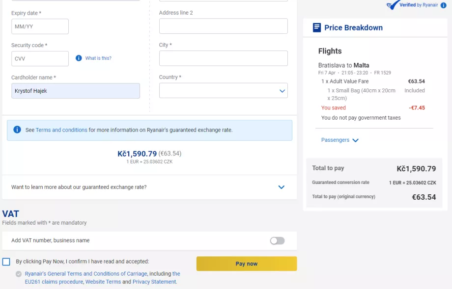 Information about the guaranteed exchange rate