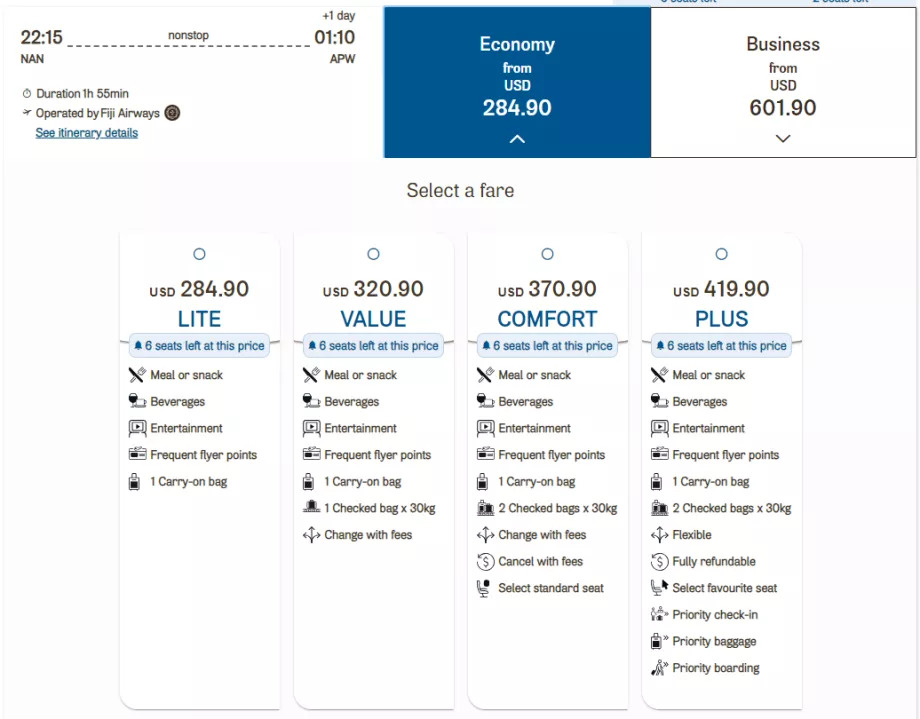 Tarife der Economy-Klasse, Fiji Airways