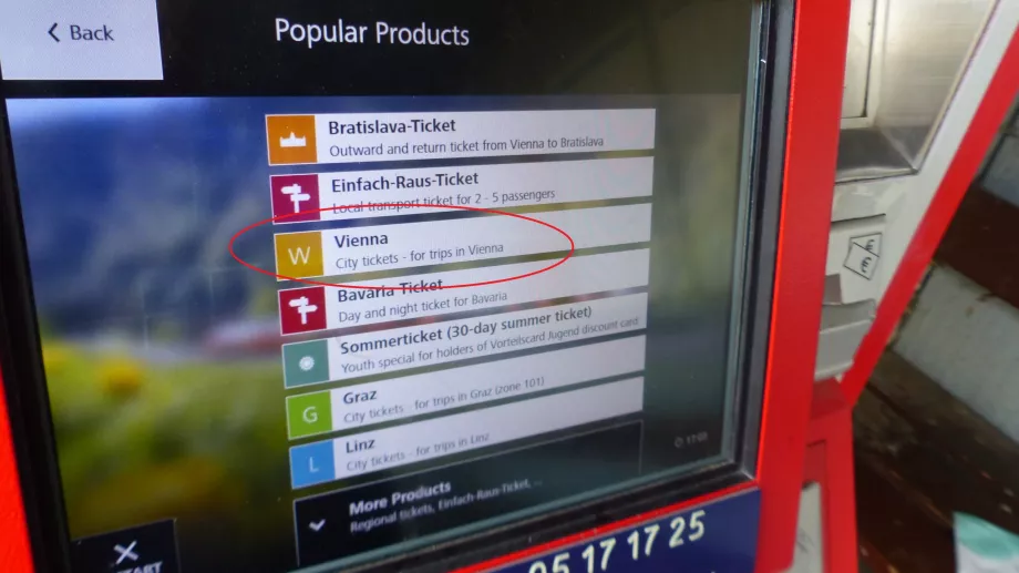 Fahrkartenauswahl für Wien am ÖBB/VOR-Fahrkartenautomaten