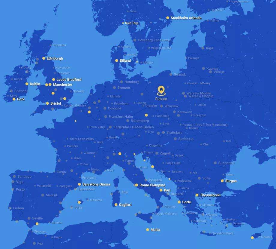 Ryanair Streckenkarte vom Flughafen Poznan POZ